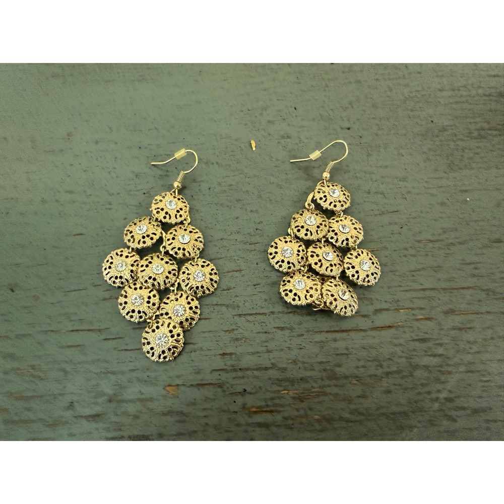 Gold Tone Filigree Chandelier Earrings Rhinestone Statement Drop Bohemian Boho